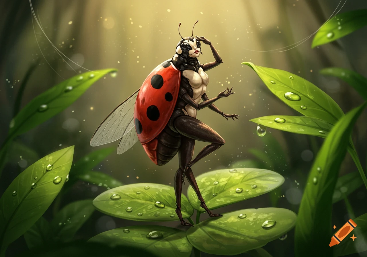 A detailed illustration of a humanoid ladybug with four arms and two legs standing on a wet green leaf in a lush environment.