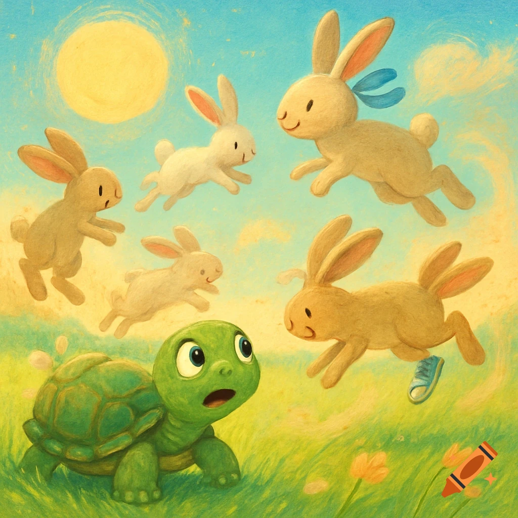 A whimsical illustration of a green turtle watching several brown and white bunnies leaping in the air under a bright sun.