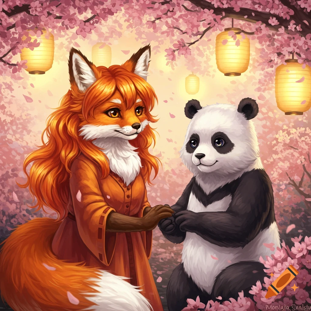 A cute anime fox and panda hold hands under pink cherry blossoms and glowing lanterns at sunset.