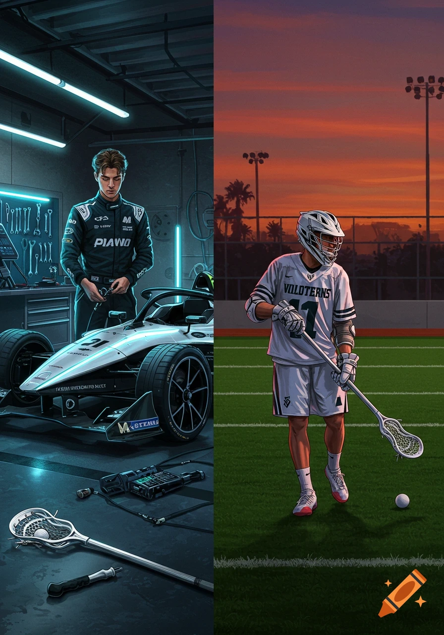 A split image showing an illustrated man in a racing suit next to a race car in a garage and a lacrosse player on a field at sunset.