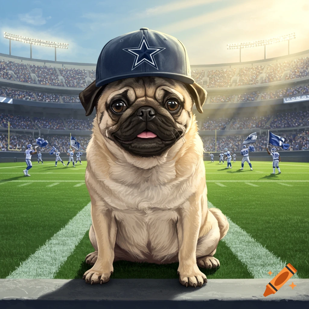 A cute pug wearing a Dallas Cowboys hat sits on the field of a football stadium.