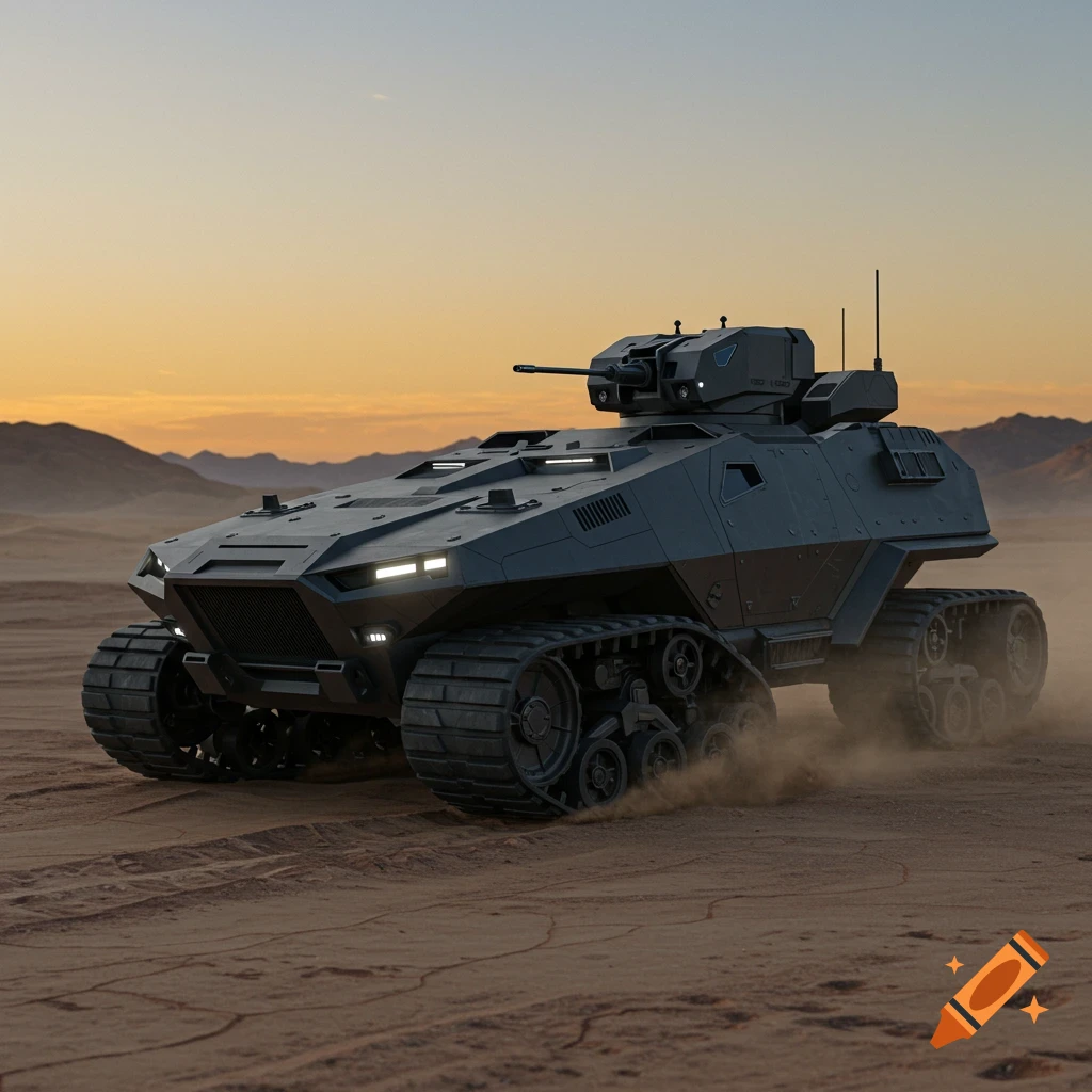 A dark gray, futuristic tracked military vehicle drives through a sandy desert at sunset, kicking up dust.