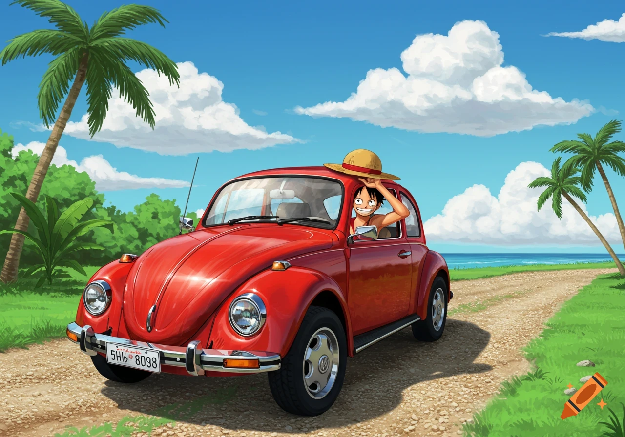 Anime character Luffy driving a red Volkswagen Beetle on a dirt road near a tropical beach with palm trees under a blue sky.