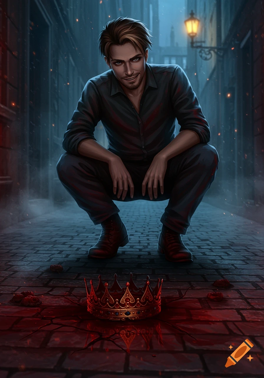 A man with blonde streaks squats smiling in a dark alley, looking at a broken crown in a pool of blood on the ground.