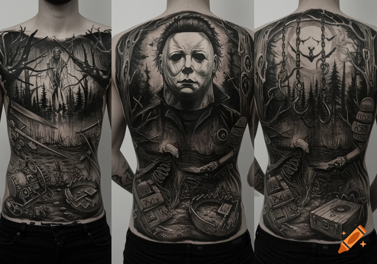 Black and grey full back tattoo featuring Michael Myers from Dead by Daylight surrounded by horror game elements like generators, hooks, and traps.