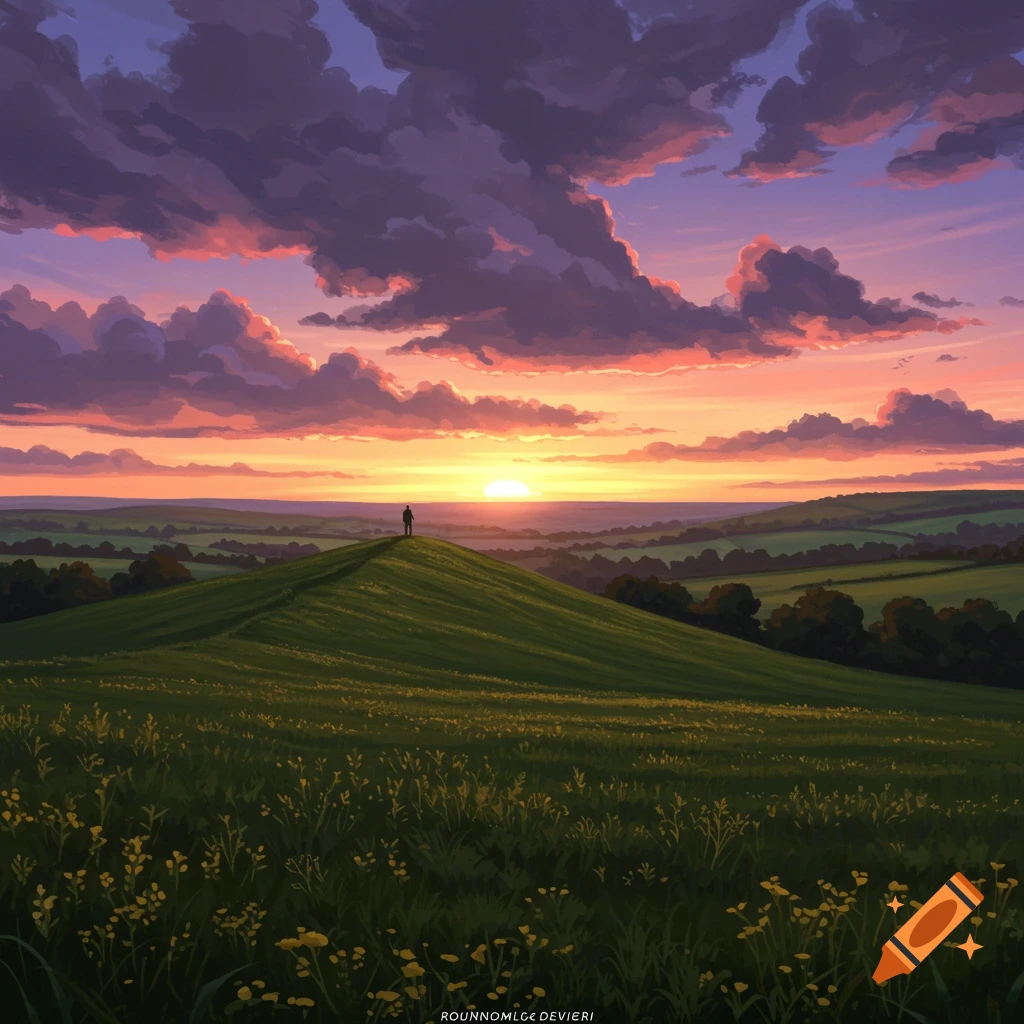 A lone figure stands atop a green hill overlooking a valley, bathed in the dramatic purple and orange light of a sunset.