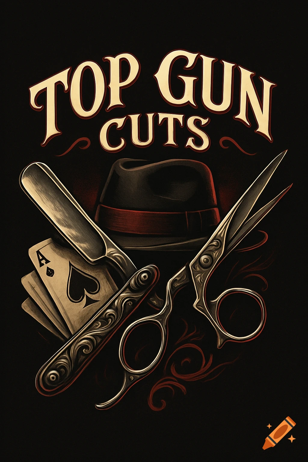 A vintage-style barbershop logo with "TOP GUN CUTS" text, featuring a straight razor, scissors, a fedora, and playing cards with a spade ace.