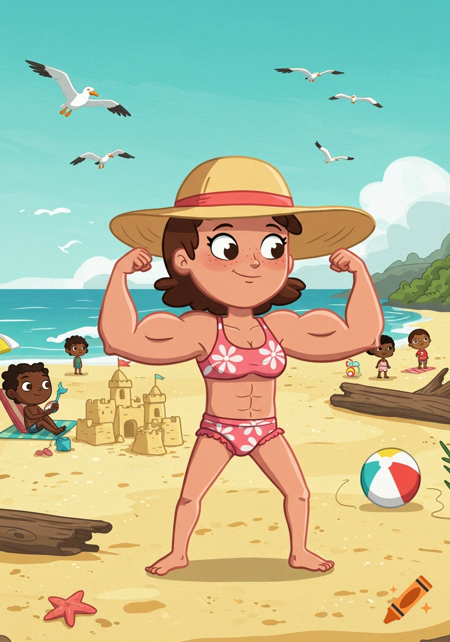 A cartoon image of Lyla's mom flexing her large muscles on a sunny beach, with sandcastles and children in the background.