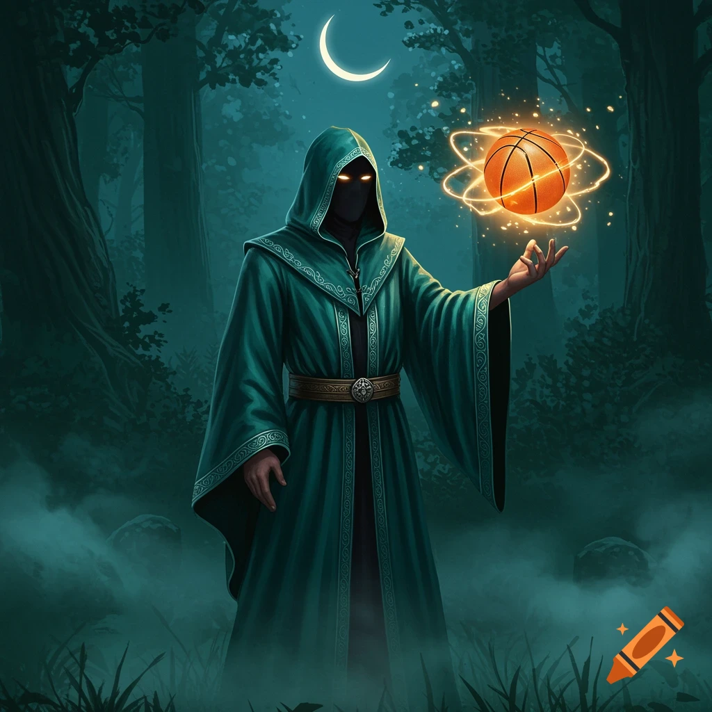A hooded wizard in a teal robe holds a glowing basketball in a dark forest under a crescent moon.