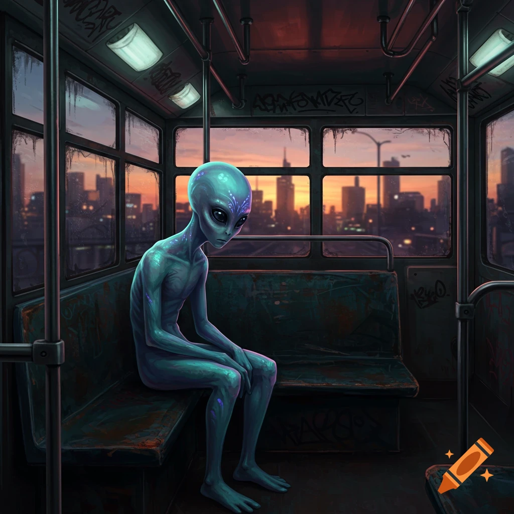 An illustration of a melancholic, slender blue-skinned alien with large dark eyes sitting alone on a graffiti-covered bus, looking out at a city skyline at sunset.