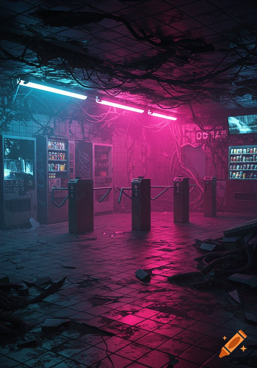 A collapsed subway station bathed in neon pink and blue lights, with rusted turnstiles and broken vending machines, evoking a cyberpunk and vaporwave aesthetic.