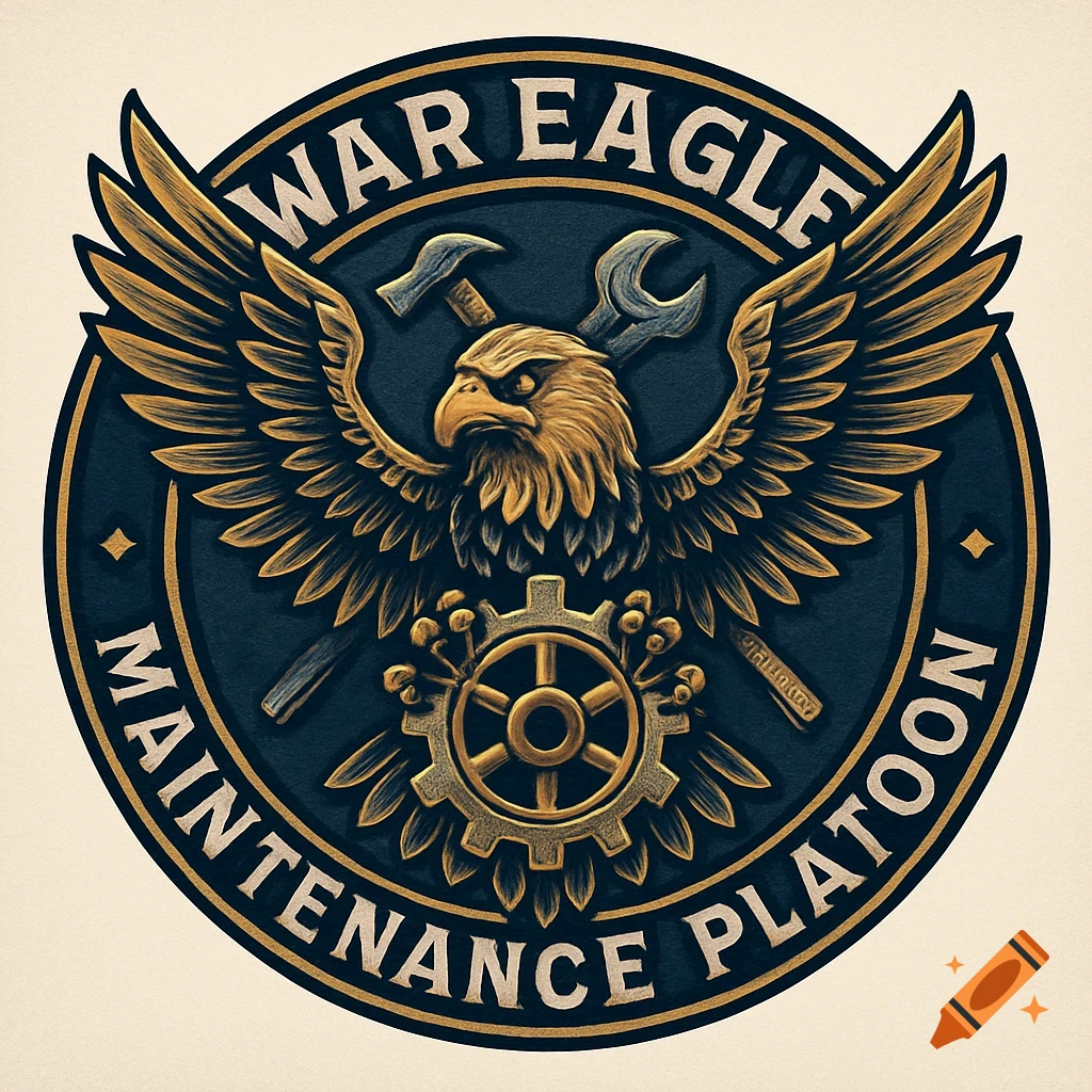 A round gold and dark blue logo featuring a fierce eagle, hammer, wrench, and gear, with 'WAR EAGLE MAINTENANCE PLATOON' text.
