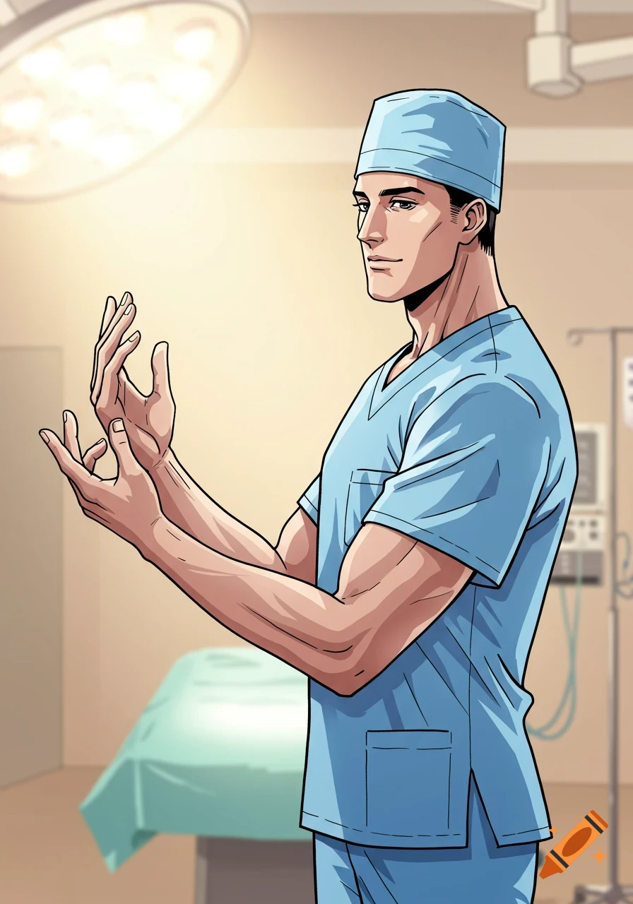 A cartoon drawing of a male surgeon in blue scrubs and a cap, standing in an operating room with his hands held out.