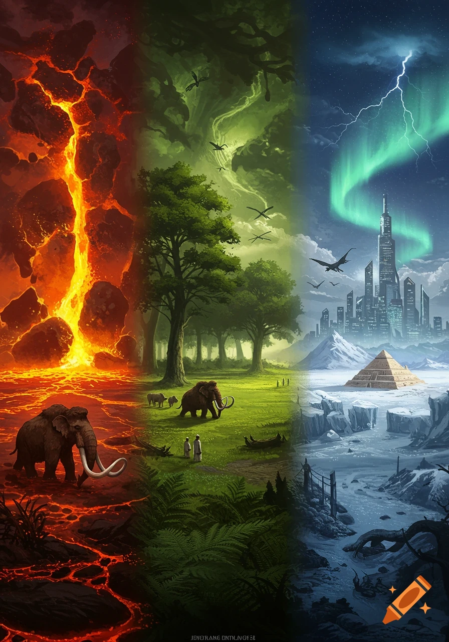 A fantasy painting showing three distinct eras: a volcanic eruption with mammoths, a prehistoric forest with humans, and an icy futuristic city with aurora.