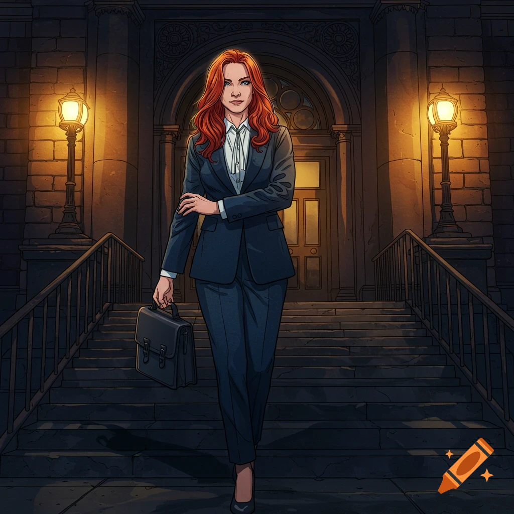 A red-haired woman in a blue pantsuit with a briefcase walks down courthouse steps at night in a painterly style.