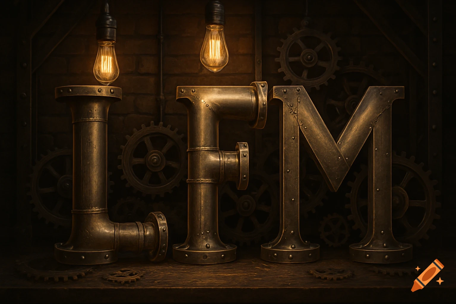 Letters LFM made from brass pipe sections and rivets in a dark steampunk setting with gears and hanging light bulbs.