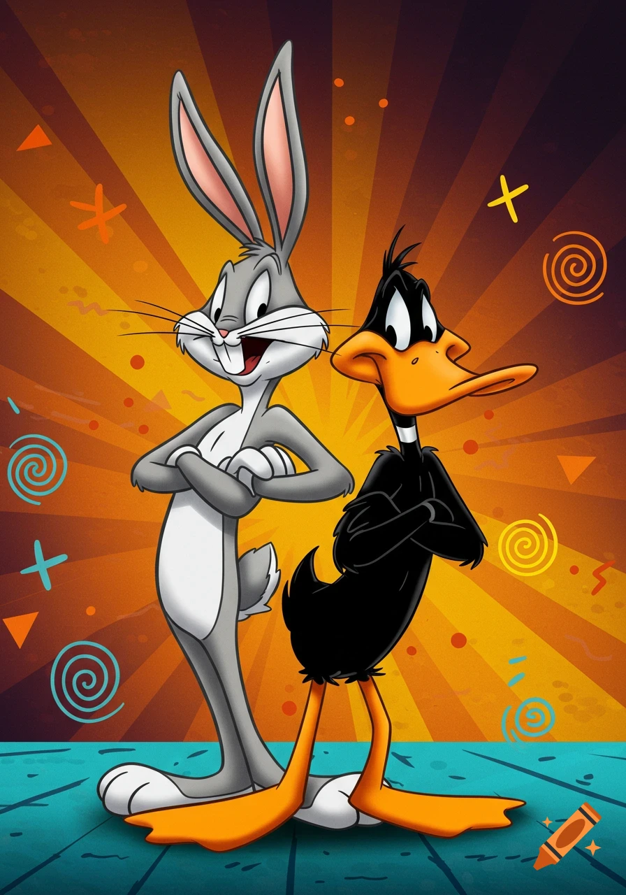 Bugs Bunny and Daffy Duck stand back-to-back with arms crossed against a vibrant orange and purple striped background.