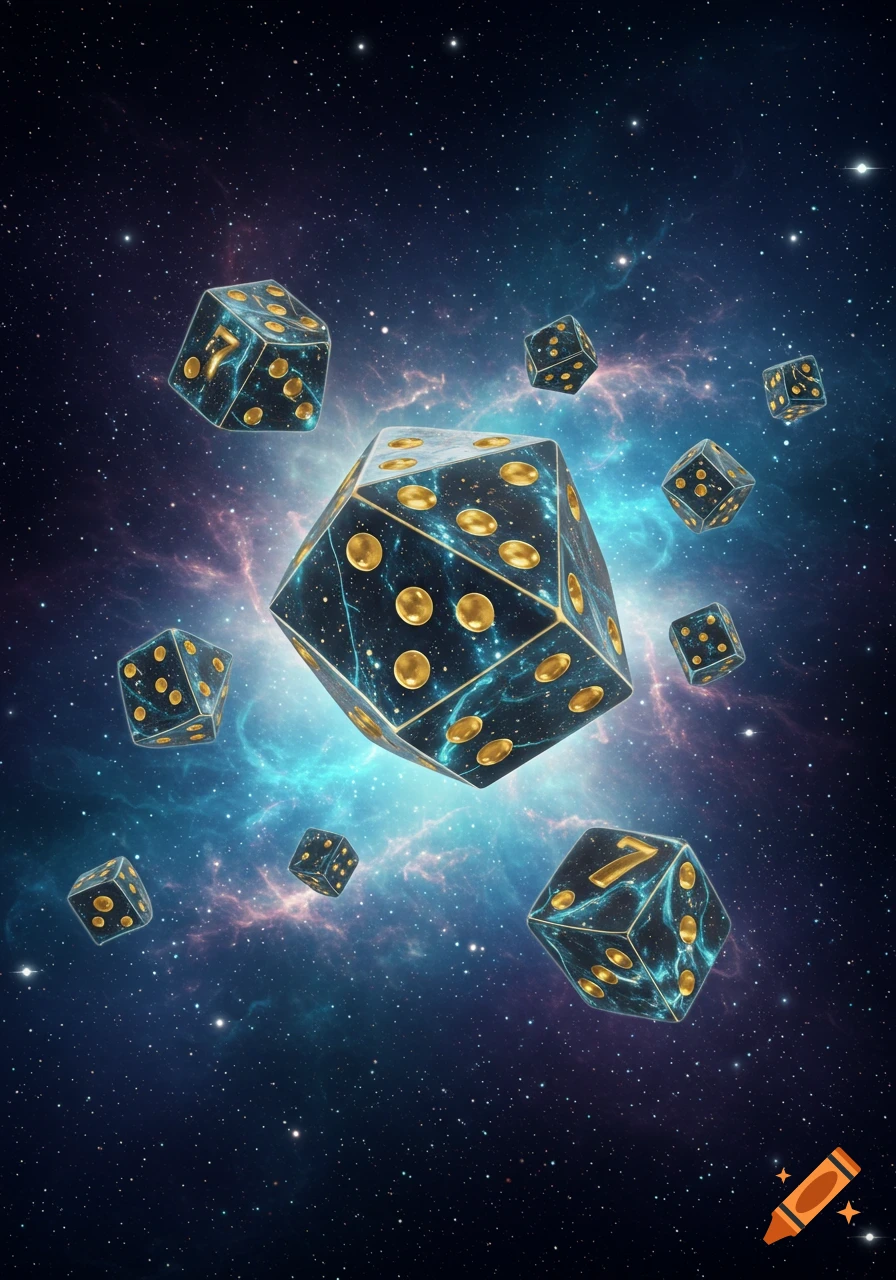 Multiple blue and gold dice float in a vibrant blue and purple nebula, surrounded by countless stars.