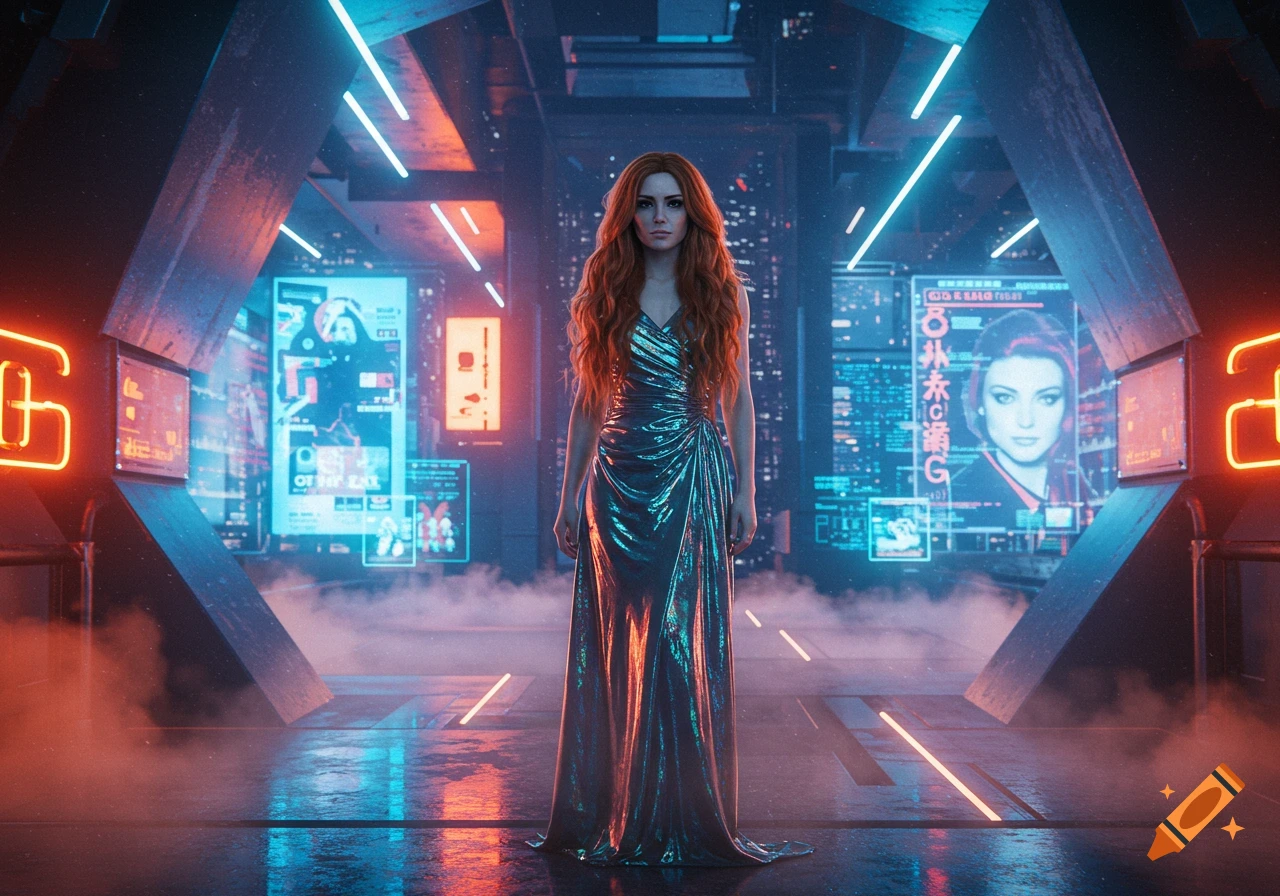 A woman with long red hair in a metallic dress stands in a futuristic, neon-lit corridor with glowing screens.