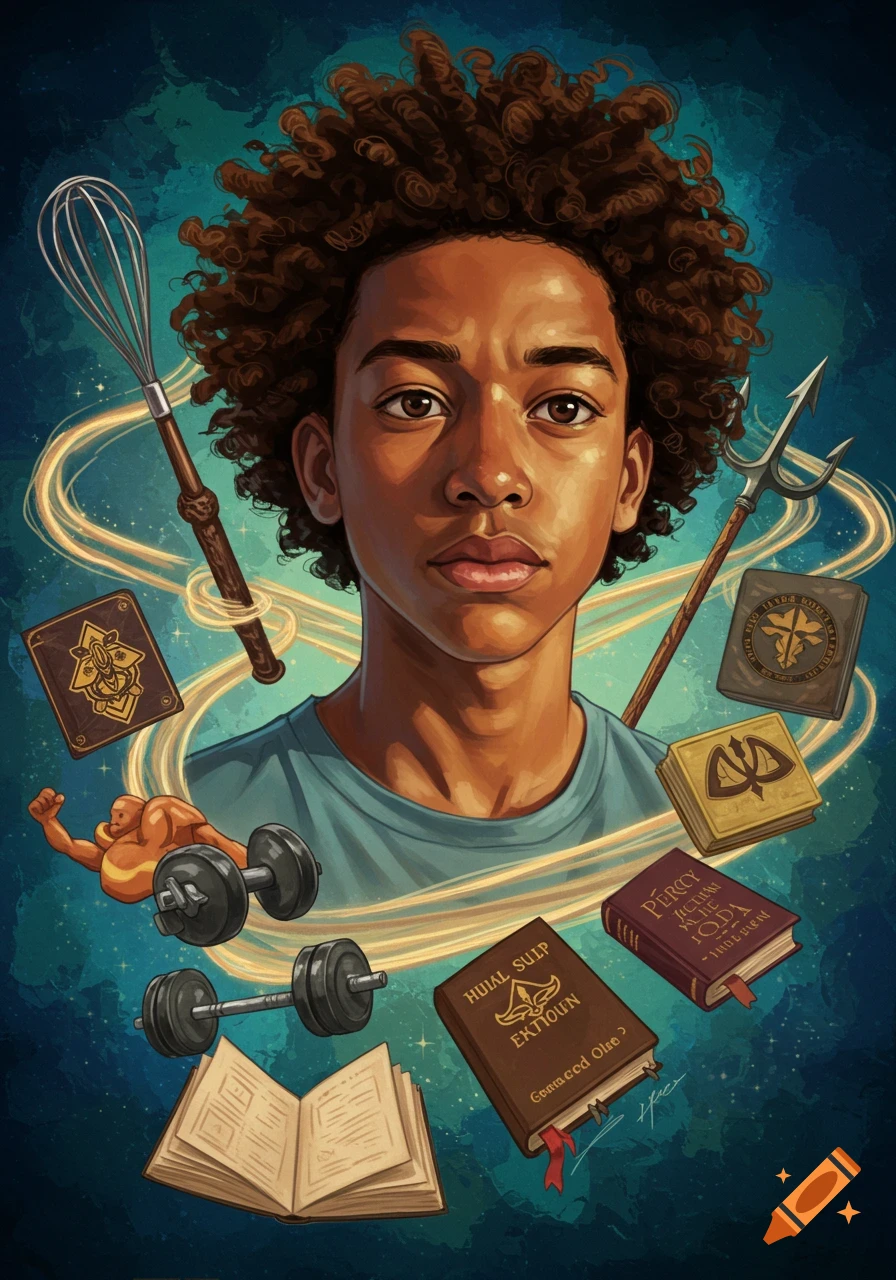 A stylized portrait of a young person with curly hair, surrounded by a whisk, trident, dumbbells, a flexing action figure, and books, all framed by glowing golden swirls on a dark blue background.