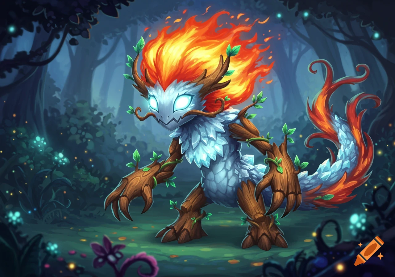 A cute fantasy creature with fiery hair, a crystalline body, and wooden limbs with leaves stands in a magical, glowing forest.