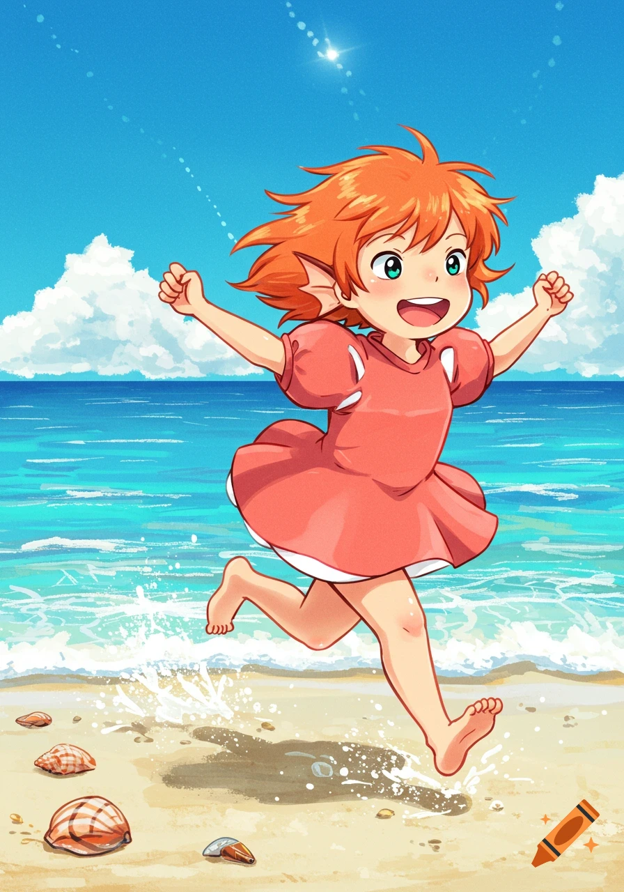 Cheerful orange-haired anime girl Ponyo running and splashing on a sunny beach with blue ocean waves.