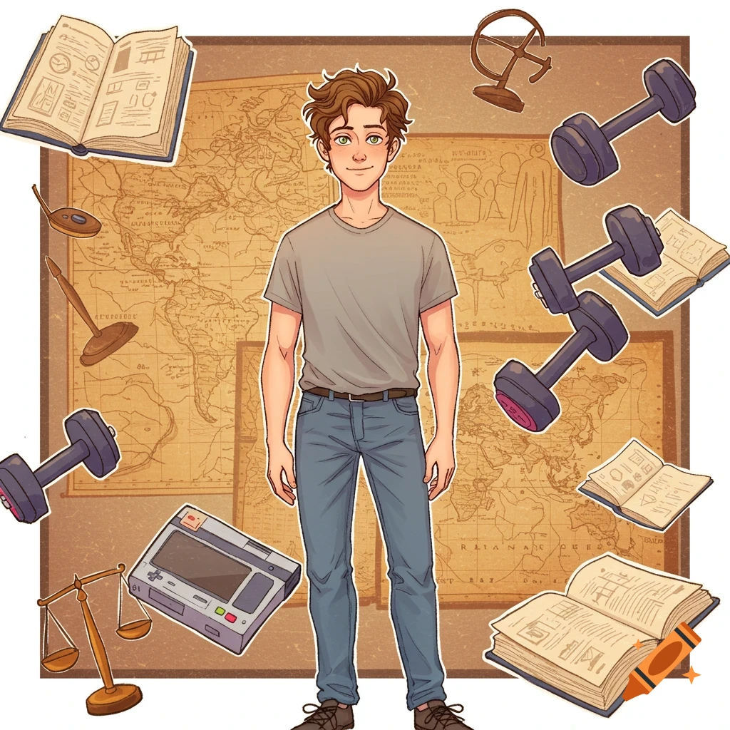 A cartoon illustration of a young man with brown hair and green eyes, wearing a gray t-shirt and blue jeans, surrounded by floating objects like books, dumbbells, a video game console, and scientific instruments, all set against a vintage world map background.