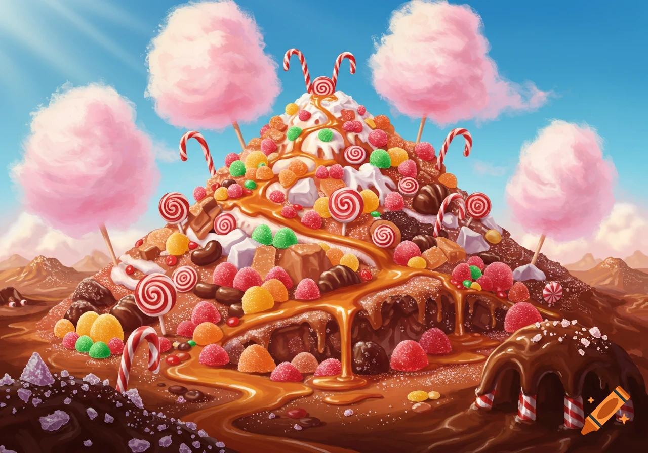 A vibrant, fantastical mountain made of various candies, chocolates, and caramel, with cotton candy clouds against a blue sky.