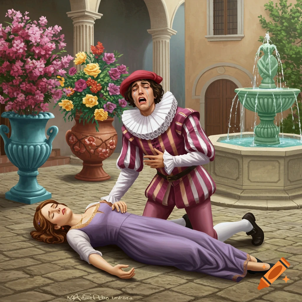 A man in Renaissance attire cries over a woman lying on the ground in a courtyard with flowers and a fountain, in an illustrated style.