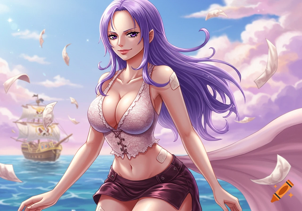 Anime-style character with long purple hair, wearing a lace top and mini skirt, stands on the ocean with a ship in the background.