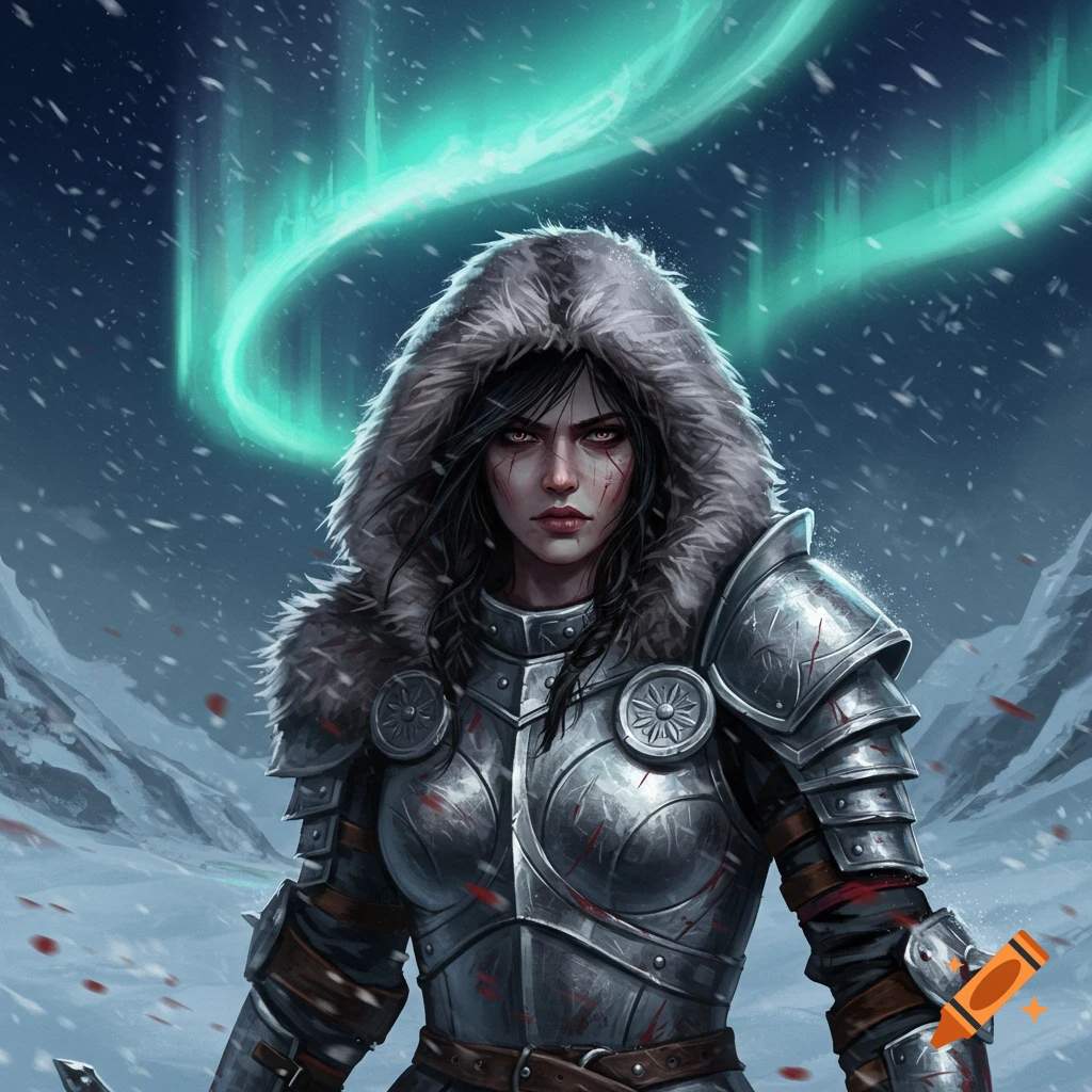 A female warrior with a fur-lined hood and battle-scarred armor stands in a snowy polar landscape under a green aurora.