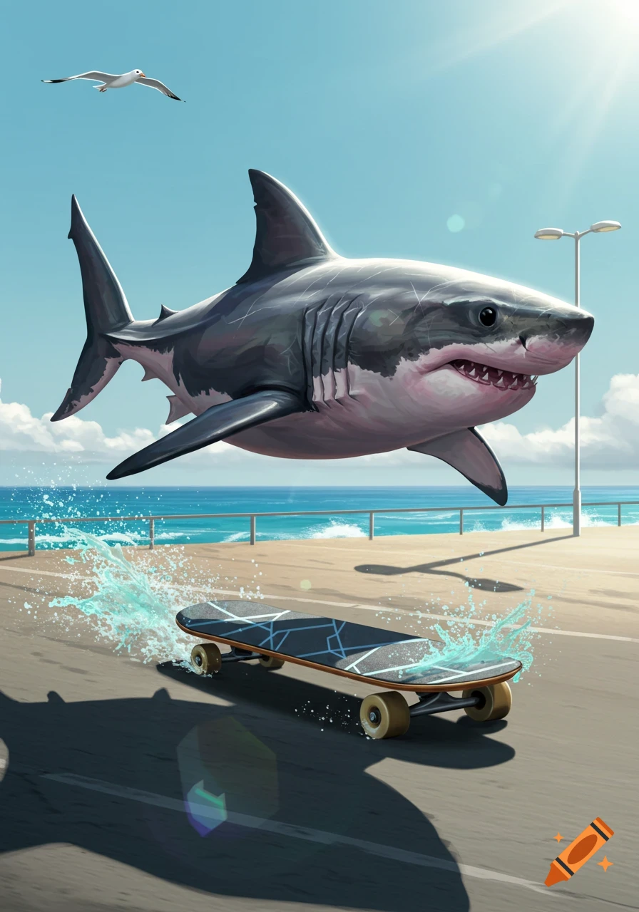 A shark flying above a skateboard splashing water on a boardwalk next to the ocean under a bright sky, with a seagull.