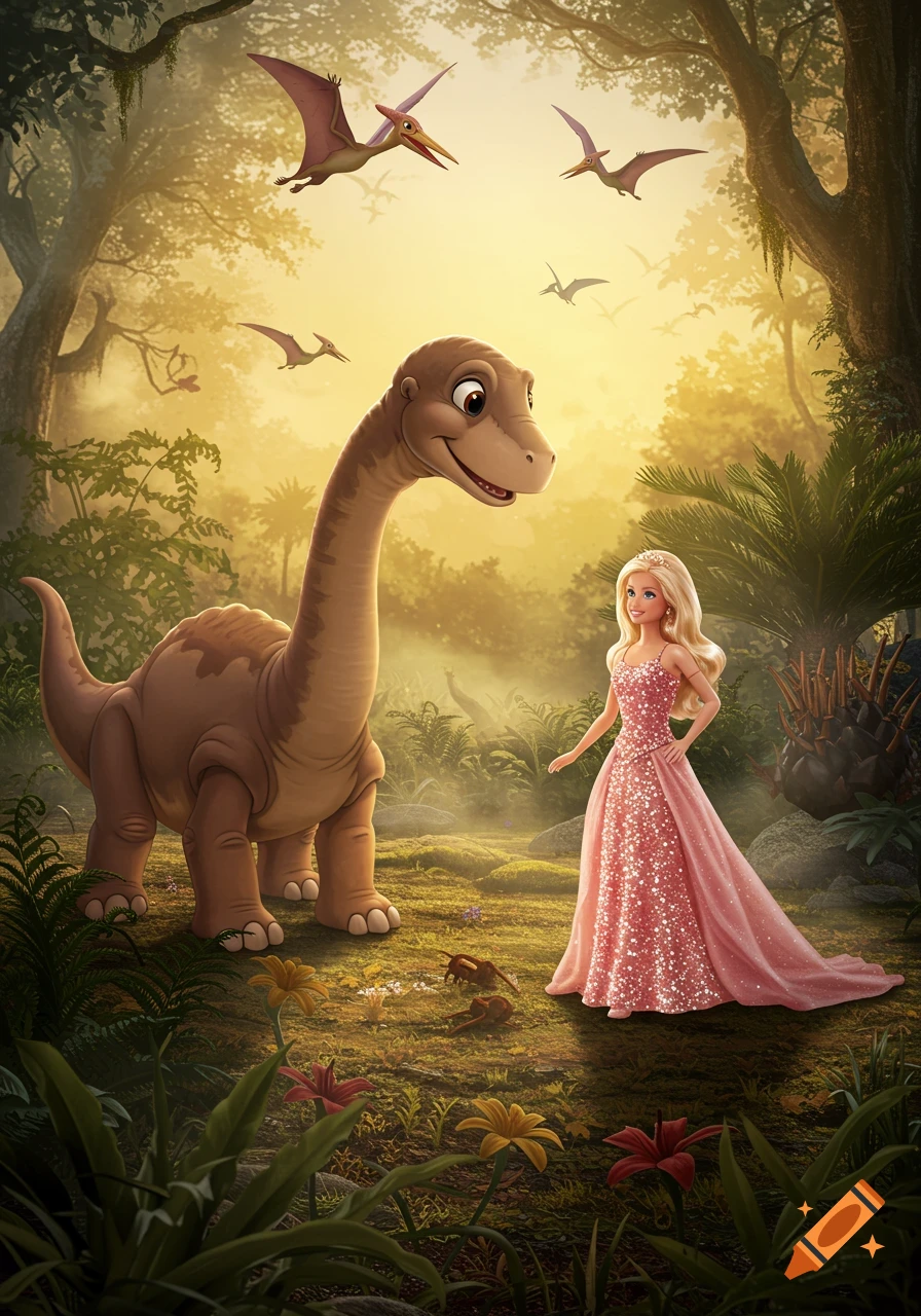 Littlefoot and Barbie meet in a sunlit prehistoric jungle with pterodactyls flying overhead.