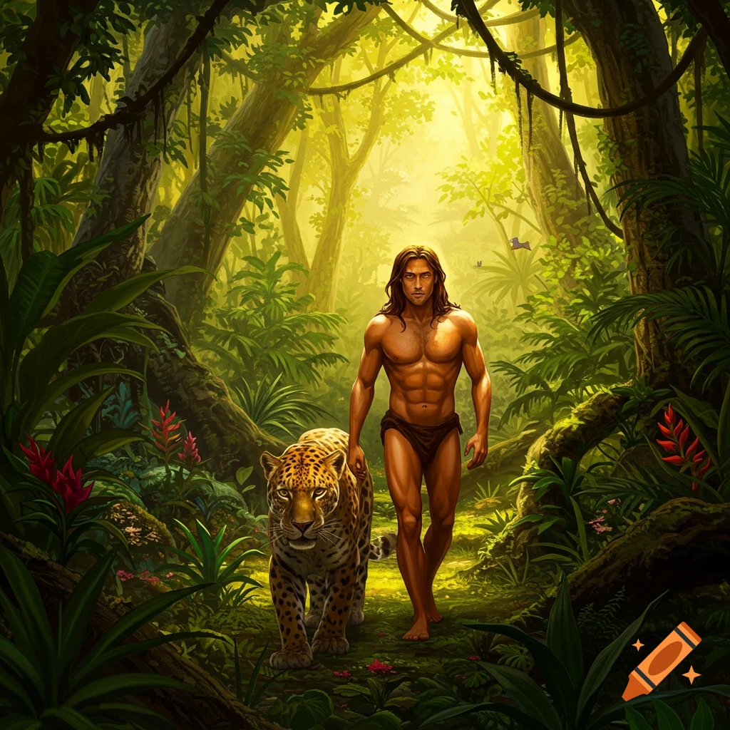 Tarzan and a leopard walk through a lush, sunlit jungle in a detailed fantasy illustration.