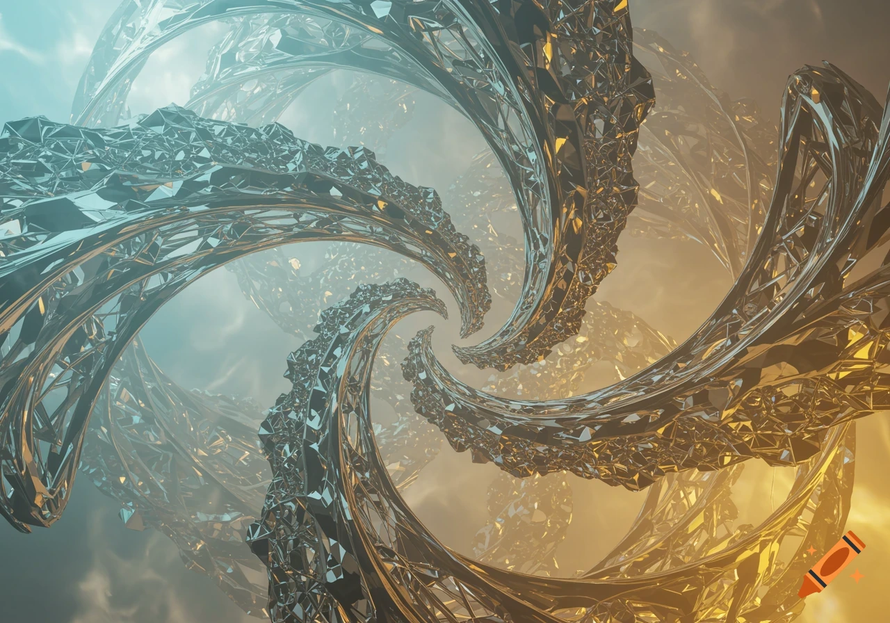 Abstract digital art of twisting, reflective metallic structures spiraling against a sky with a blue-to-gold gradient.