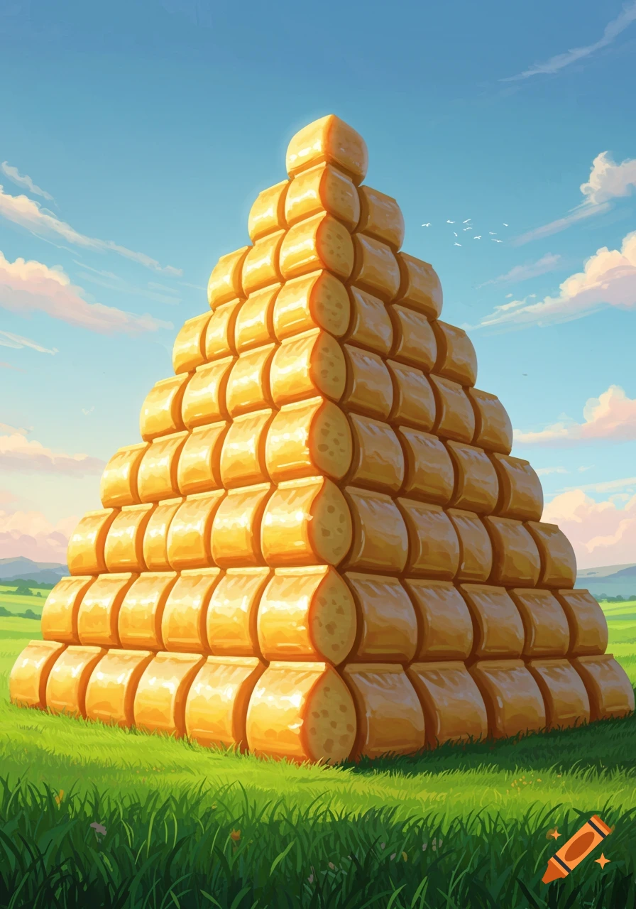 A pyramid made of bright yellow blocks resembling bags of cheese stands in a vibrant green field under a blue sky with clouds.