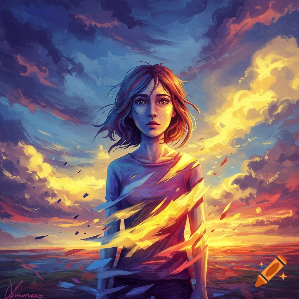 A digital painting of a girl with short brown hair, her body abstractly dissolving into colorful light against a dramatic sunset sky.