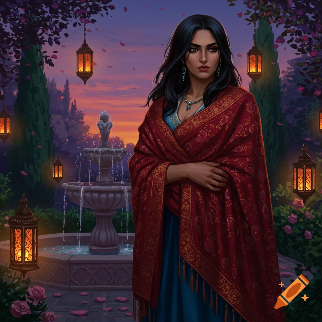 A serious woman in a red shawl stands in a moonlit garden with a fountain and glowing lanterns, in a detailed fantasy illustration.