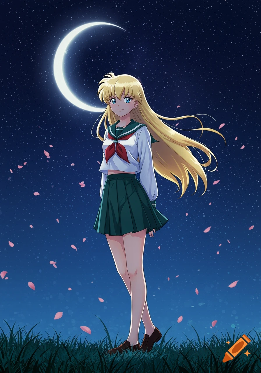 An anime girl with long blonde hair and blue eyes, wearing a white shirt and dark green pleated skirt, stands in grass under a crescent moon and starry night sky.