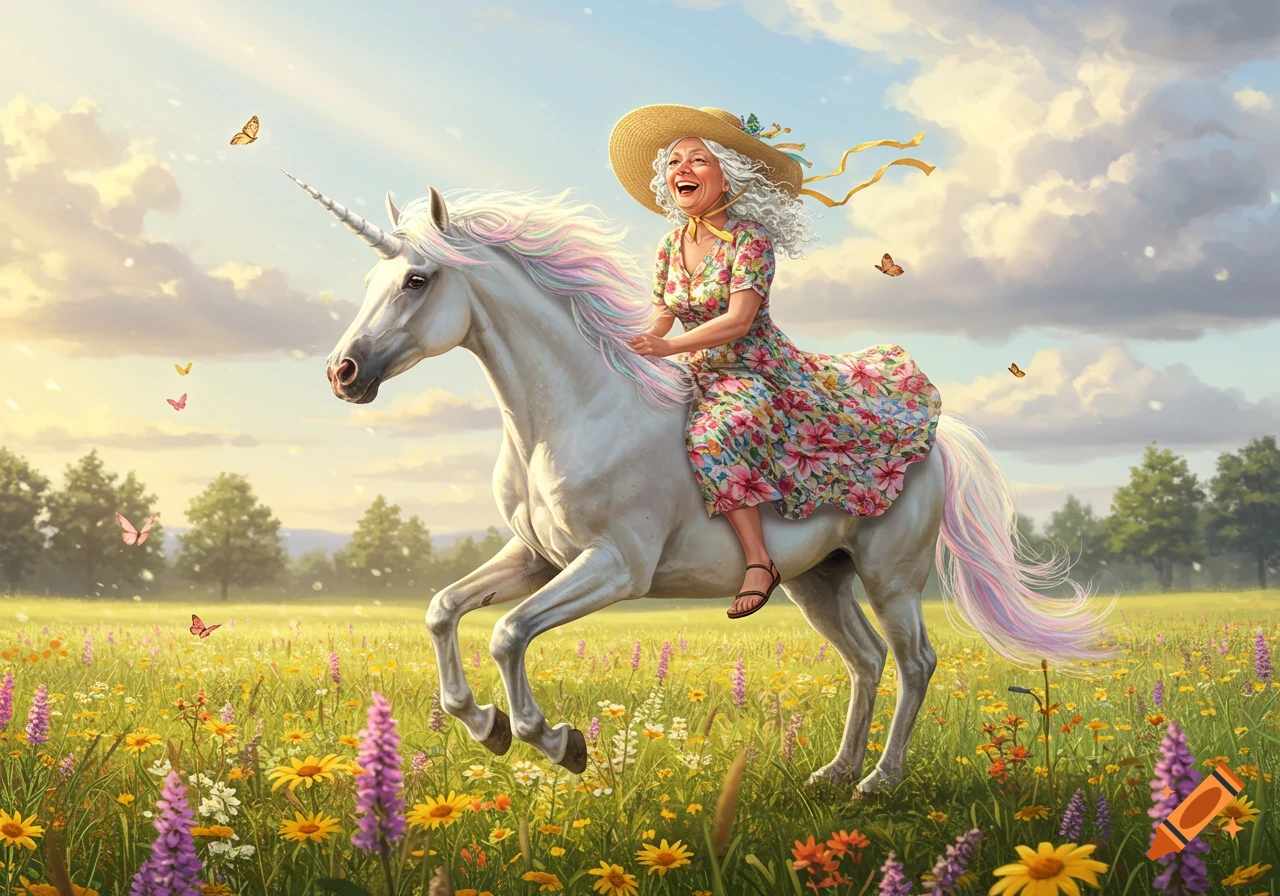 A happy elderly woman in a flowered dress and straw hat rides a white unicorn through a sunlit meadow filled with colorful wildflowers and butterflies.