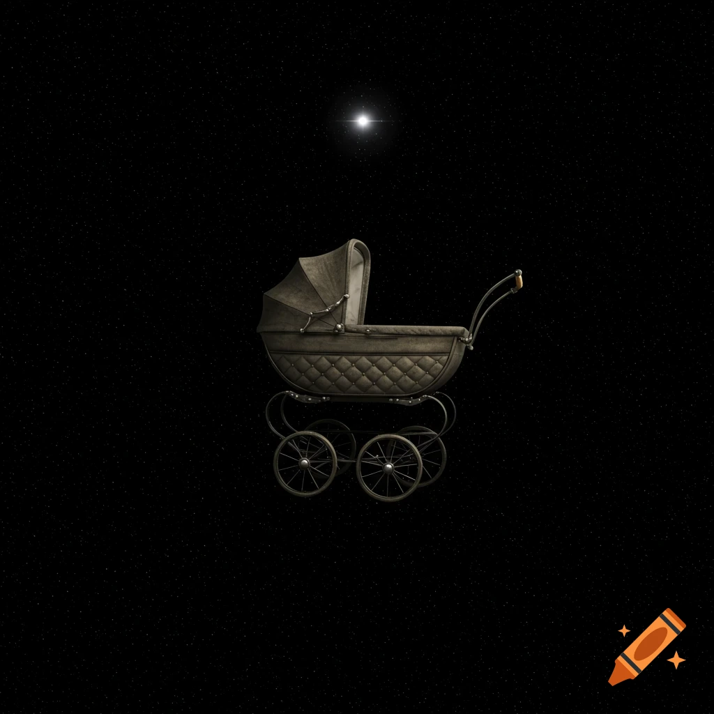 An old-fashioned pram floats in the blackness of space with a single bright star and tiny distant stars.