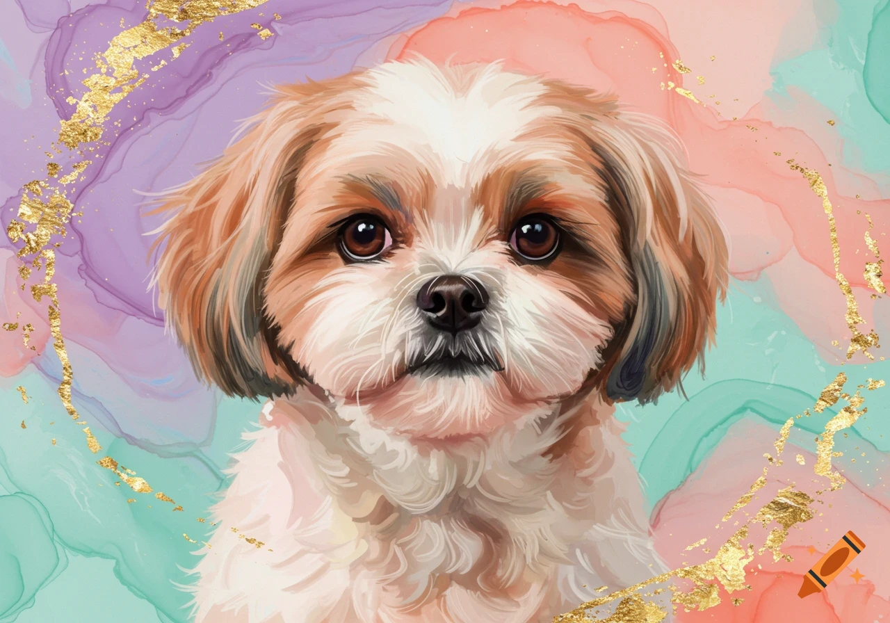 An abstract watercolor portrait of a Shih Tzu dog with a colorful background and gold flakes.