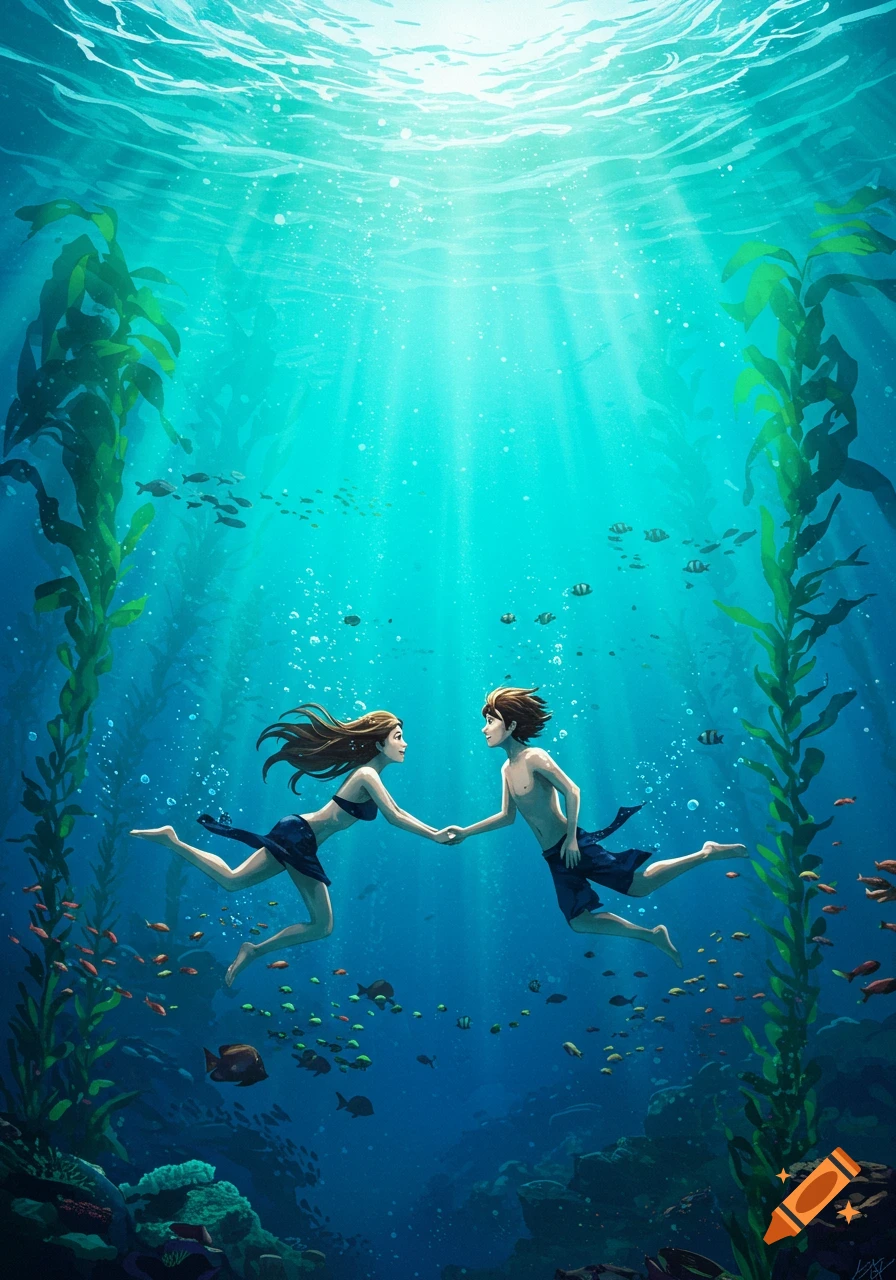 Illustrative image of a man and woman holding hands and swimming underwater in a kelp forest with fish.