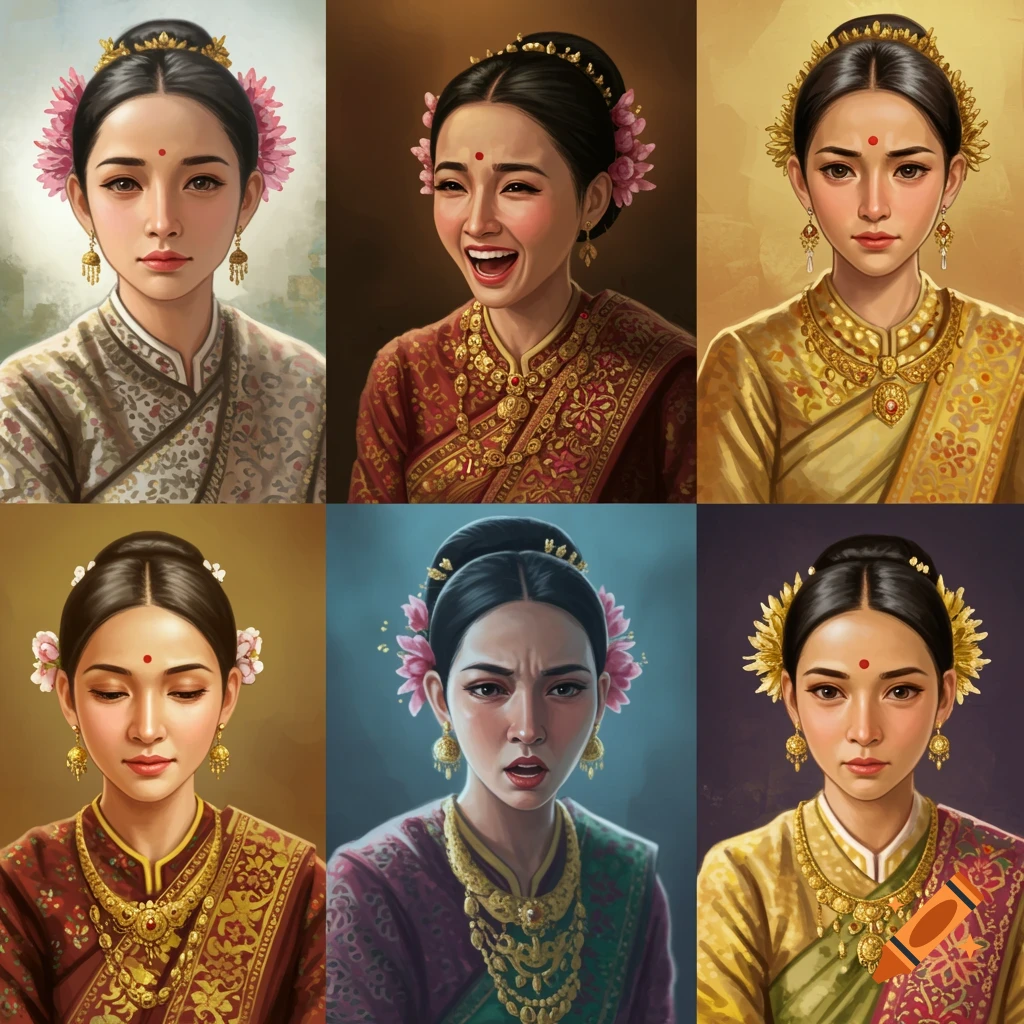 Six portraits of a Southeast Asian woman in traditional attire, each depicting a different emotion.
