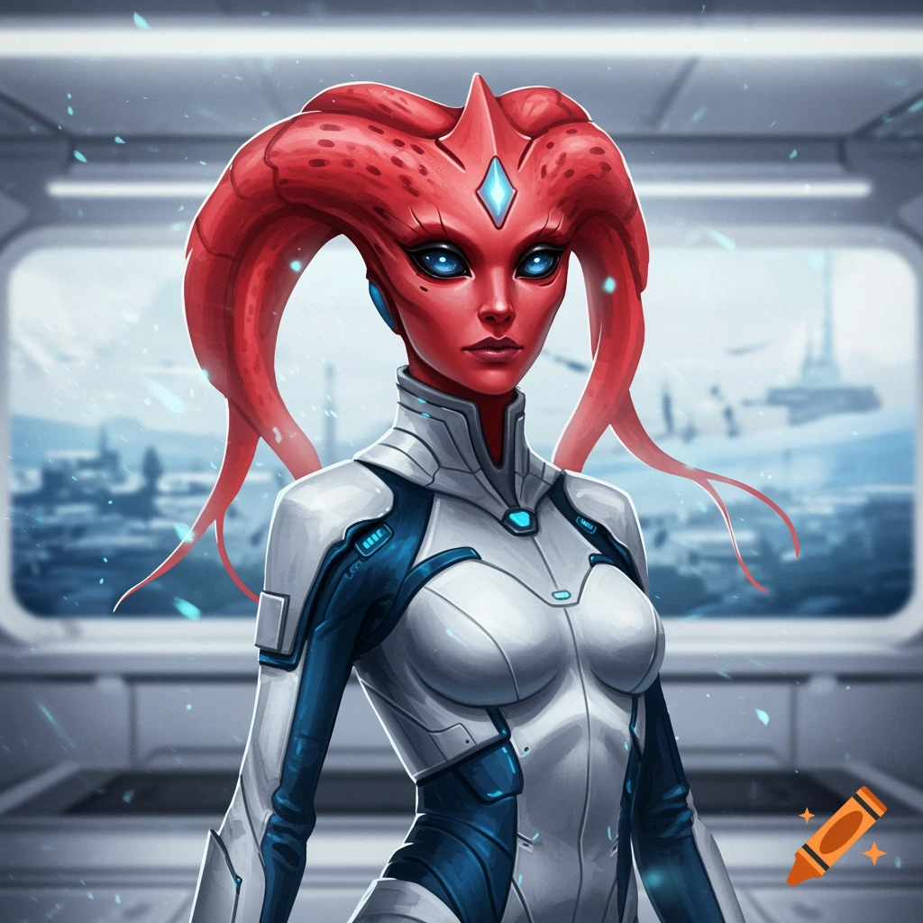 An alien female with red skin, blue eyes, and red tendril-like hair stands in a sci-fi jumpsuit inside a futuristic spaceship.