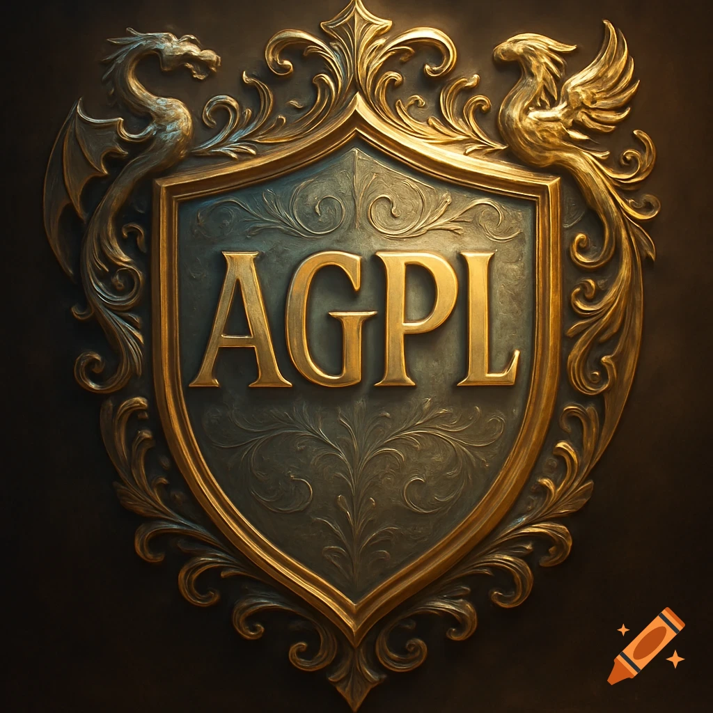 Ornate gold and green shield with a dragon, a phoenix, and the letters AGPL embossed in the center.