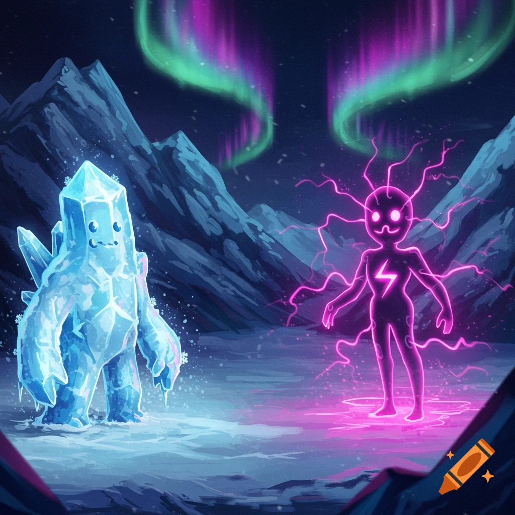 A friendly blue ice monster faces a glowing purple plasma monster in a snowy landscape with aurora borealis.