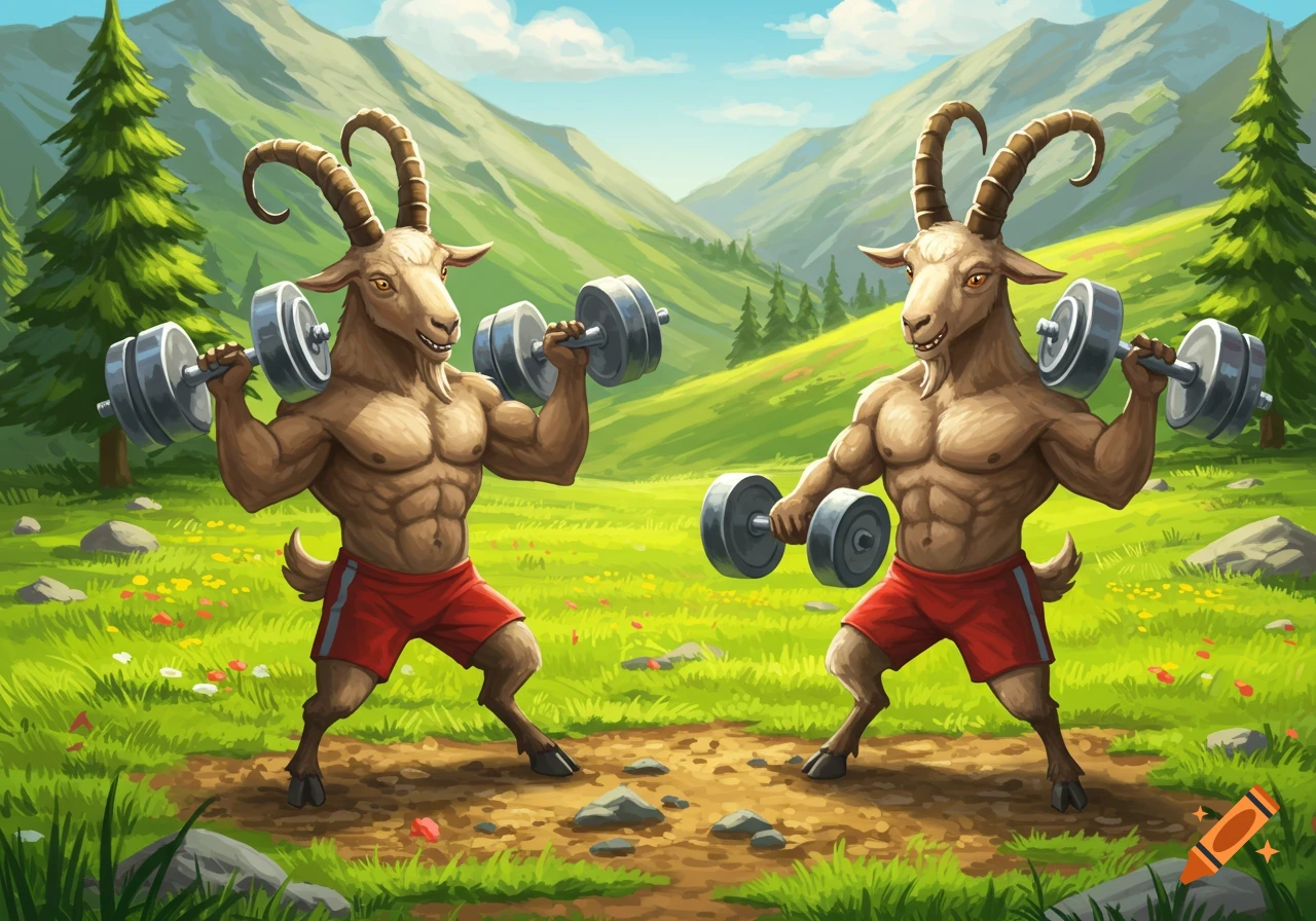 Two muscular anthropomorphic goats in red shorts lifting dumbbells in a green mountainous landscape illustration.
