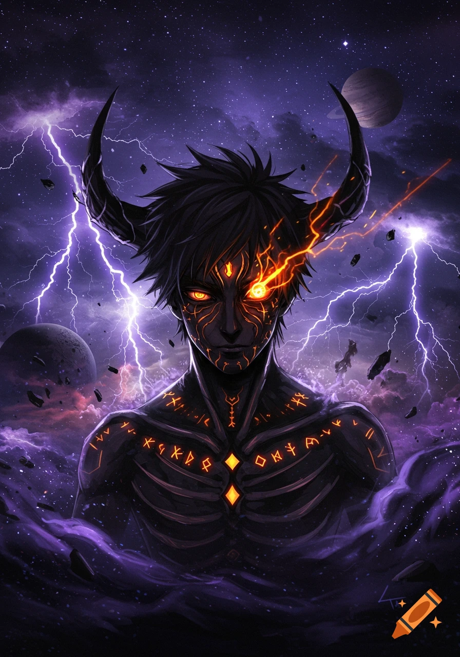 An anime-style character with dark skin and horns, glowing orange eyes and symbols on his body, stands amidst purple lightning and cosmic clouds with planets in the background.