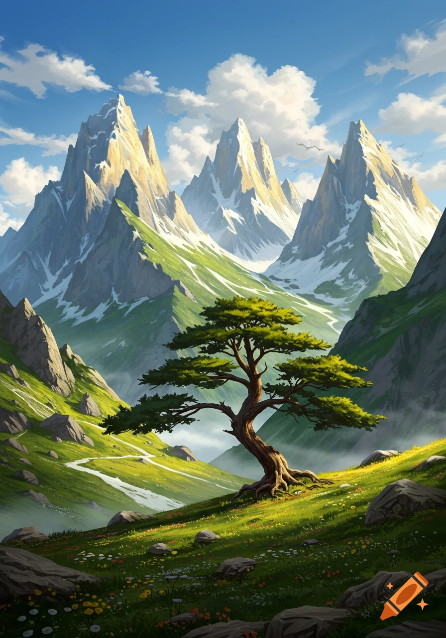 A majestic stylized landscape featuring a solitary tree on a grassy hill, with towering, snow-capped mountains and a clear blue sky in the background.